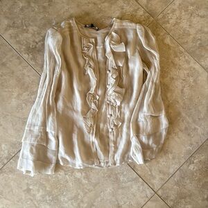 Nanette Lepore Cream/Tan 100% Silk Button Up Ruffle Blouse, Size 4